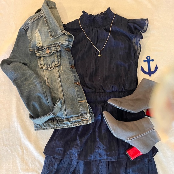 Dark blue, high neck, tier dress by Fortune and Ivy size MP w/ flutter sleeves - Picture 12 of 13